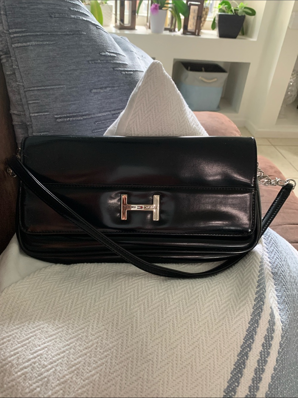 Tommy Hilfiger Black Shoulder Bag with Silver 'H' Hardware